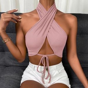 NEVER WORN: SHEIN Pink Tie Front Wrap Halter Crop Top - Size Medium